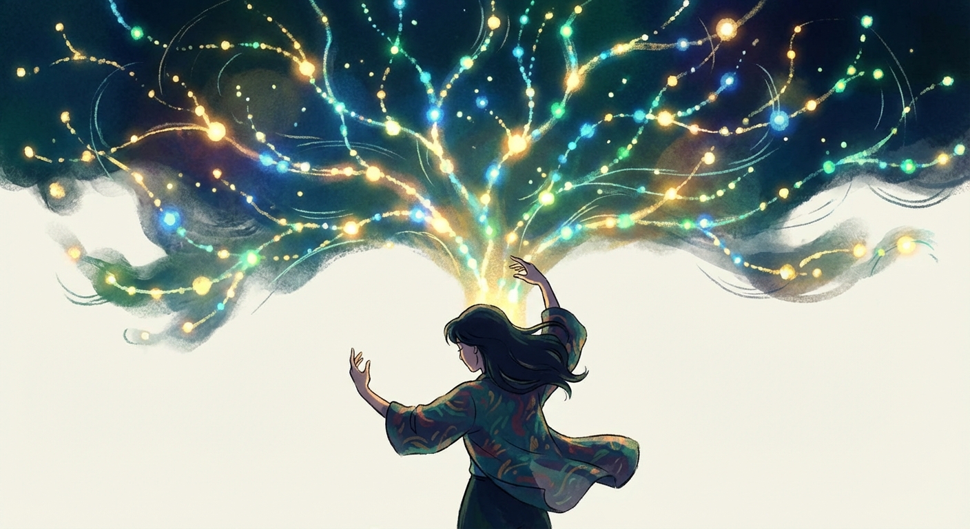 A researcher stands like a symphony conductor, arms raised, shaping a vast constellation of glowing AI agents that branch outward like a living experiment tree.