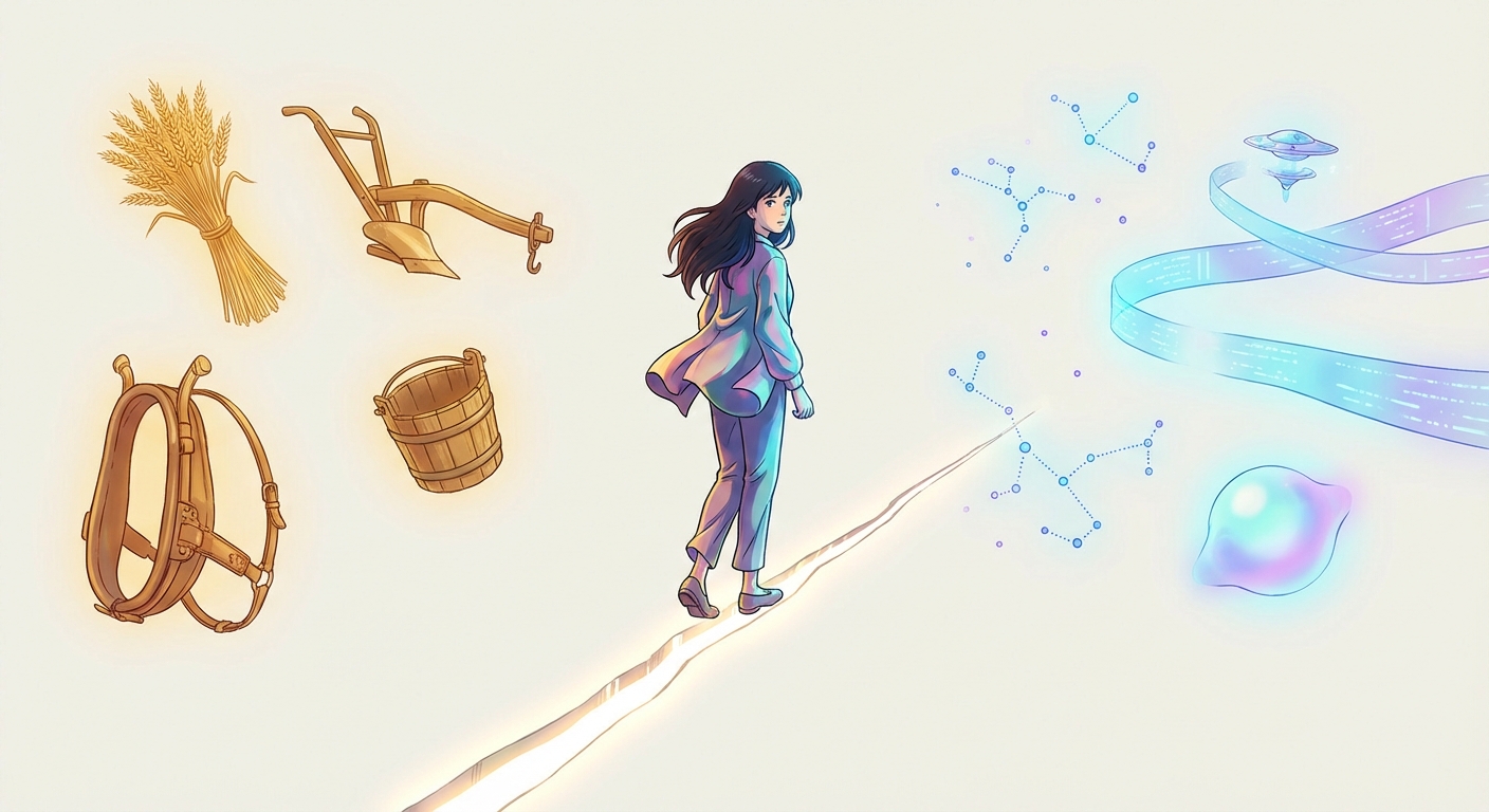 A person mid-stride across a glowing seam of light, with warm amber relics of the old world drifting to the left and luminous AI artifacts of the new era floating to the right.